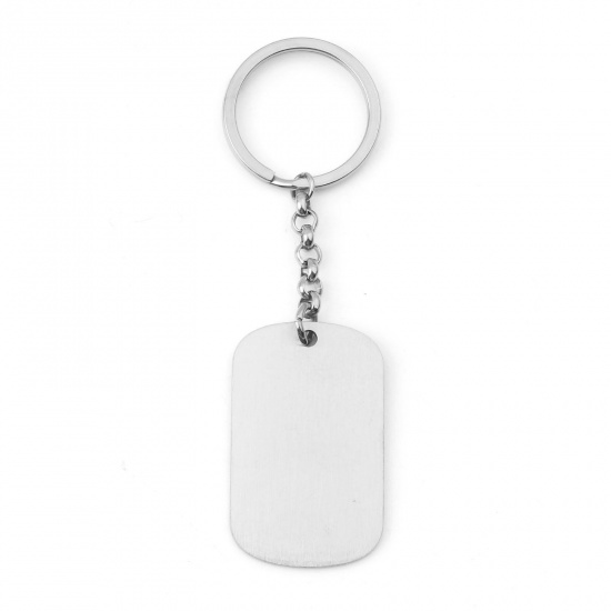 Picture of 304 Stainless Steel Keychain & Keyring Silver Tone Rectangle Blank Stamping Tags Two Sides 9.8cm x 3cm, 1 Piece