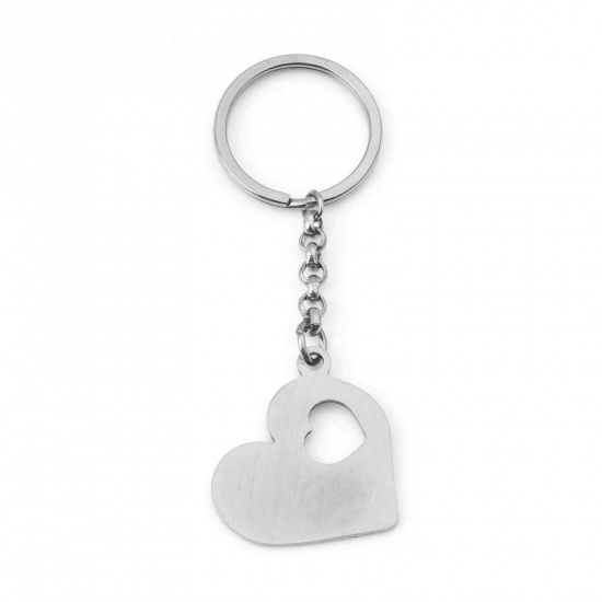 Picture of 304 Stainless Steel Valentine's Day Keychain & Keyring Silver Tone Heart Blank Stamping Tags Two Sides 9.3cm x 3.1cm, 1 Piece