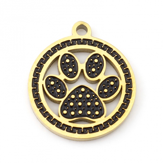 Picture of 304 Stainless Steel Pet Memorial Charms Gold Plated Black Round Paw Print Enamel 17mm x 15mm, 1 Piece
