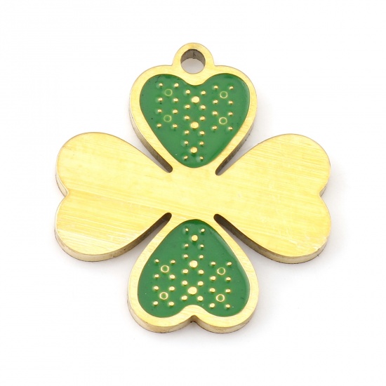 Picture of 304 Stainless Steel Flora Collection Charms Gold Plated Green Four Leaf Clover Enamel 17mm x 16mm, 1 Piece