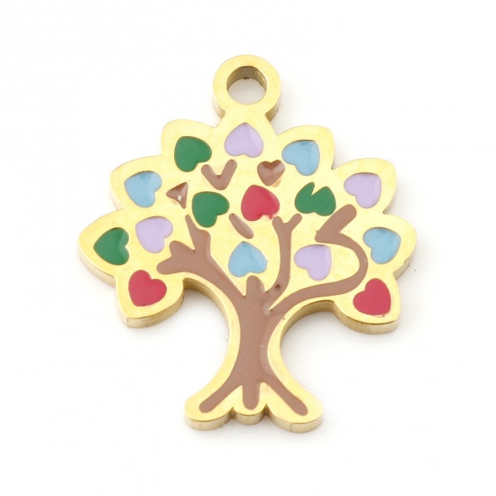 Picture of 304 Stainless Steel Flora Collection Charms Gold Plated Multicolor Tree Enamel 17mm x 15mm, 1 Piece