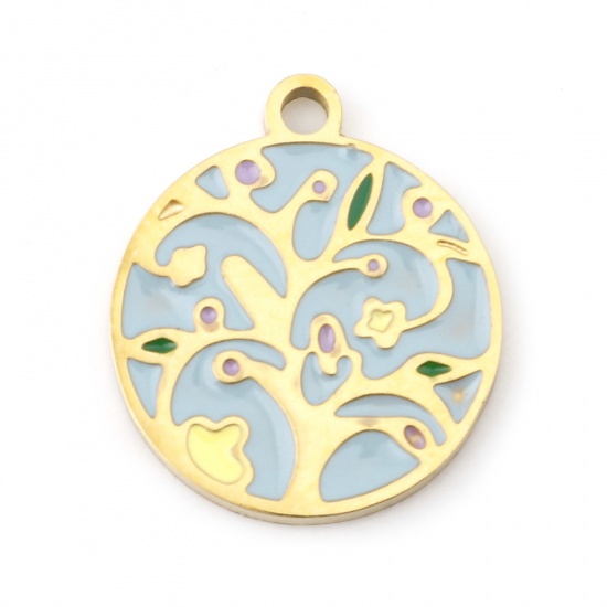 Picture of 304 Stainless Steel Flora Collection Charms Gold Plated Light Green Round Tree Enamel 17.5mm x 15mm, 1 Piece