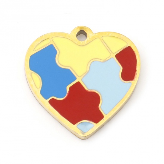 Picture of 304 Stainless Steel Puzzle Charms Gold Plated Multicolor Heart Enamel 15mm x 15mm, 1 Piece