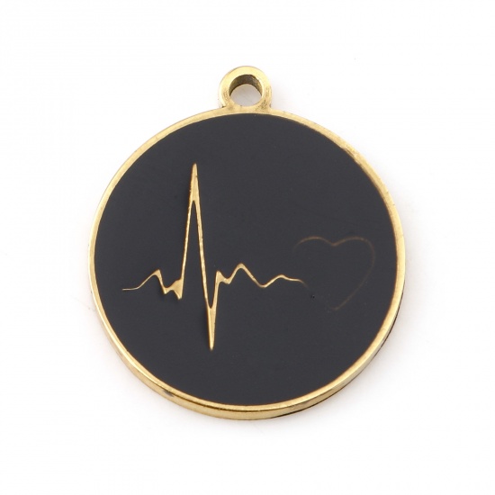 Picture of 304 Stainless Steel Medical Charms Gold Plated Black Round Medical Heartbeat/ Electrocardiogram Enamel 17mm x 15mm, 1 Piece