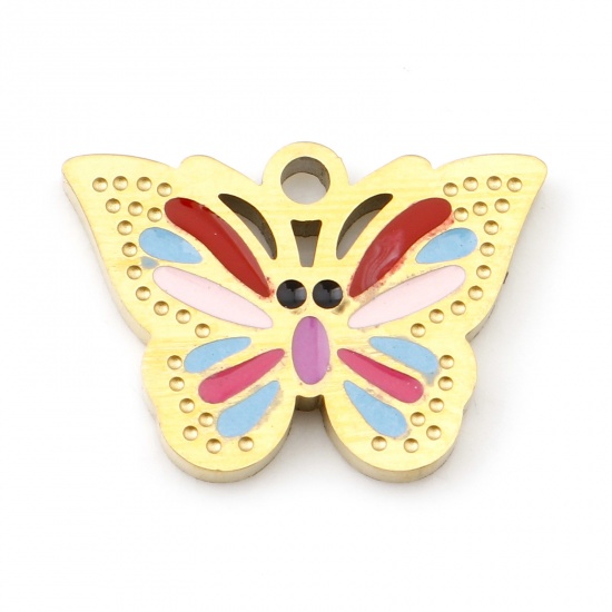 Picture of 304 Stainless Steel Insect Charms Gold Plated Multicolor Butterfly Animal Enamel 15mm x 10.5mm, 1 Piece