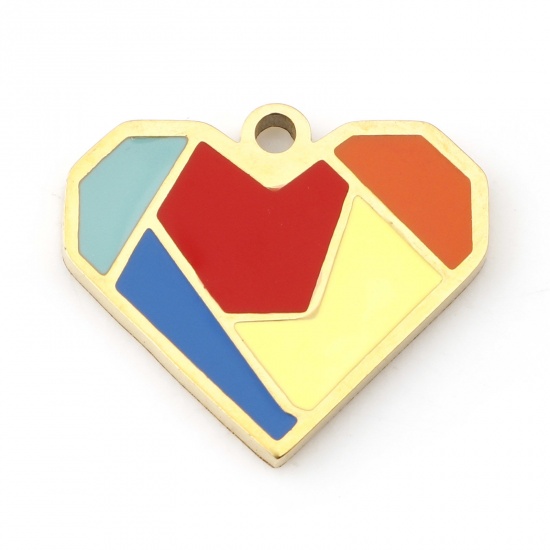 Picture of 304 Stainless Steel Valentine's Day Charms Gold Plated Multicolor Heart Enamel 15mm x 13mm, 1 Piece