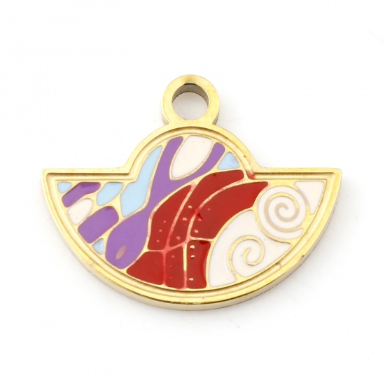 Picture of 304 Stainless Steel Charms Gold Plated Multicolor Fan-shaped Enamel 15mm x 12mm, 1 Piece