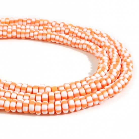 Picture of Polymer Clay Beads Flat Round Orange Stripe Pattern About 8mm Dia-7mm Dia. Dia. - 7mm Dia., Hole: Approx 1.5mm, 39.5cm(15 4/8") long, 2 Strands (Approx 110 PCs/Strand)