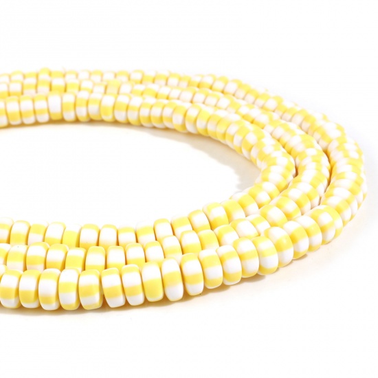 Picture of Polymer Clay Beads Flat Round Yellow Stripe Pattern About 8mm Dia-7mm Dia. Dia, Hole: Approx 1.5mm, 39.5cm(15 4/8") long, 2 Strands (Approx 110 PCs/Strand)