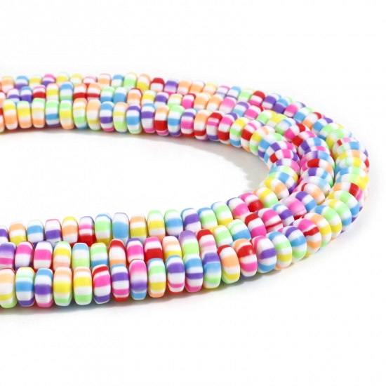 Picture of Polymer Clay Beads Flat Round Multicolor Stripe Pattern About 8mm Dia-7mm Dia. Dia, Hole: Approx 1.5mm, 39.5cm(15 4/8") long, 2 Strands (Approx 110 PCs/Strand)