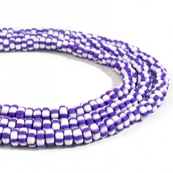 Picture of Polymer Clay Beads Flat Round Purple Stripe Pattern About 8mm Dia-7mm Dia. Dia, Hole: Approx 1.5mm, 39.5cm(15 4/8") long, 2 Strands (Approx 110 PCs/Strand)