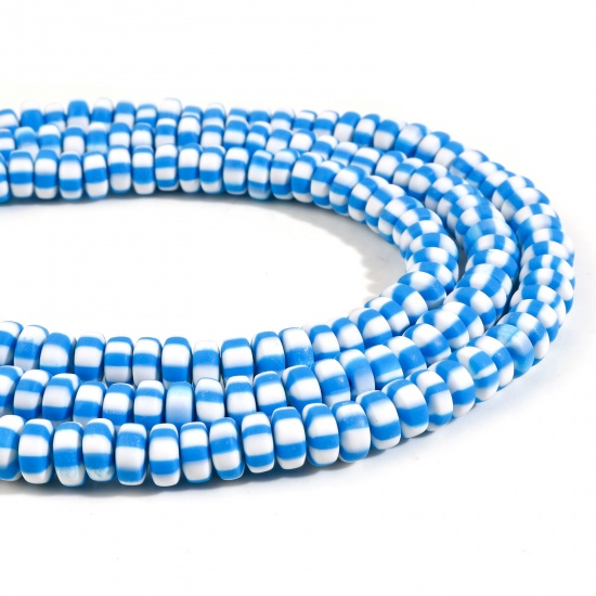 Picture of Polymer Clay Beads Flat Round Blue Stripe Pattern About 8mm Dia-7mm Dia. Dia, Hole: Approx 1.5mm, 39.5cm(15 4/8") long, 2 Strands (Approx 110 PCs/Strand)