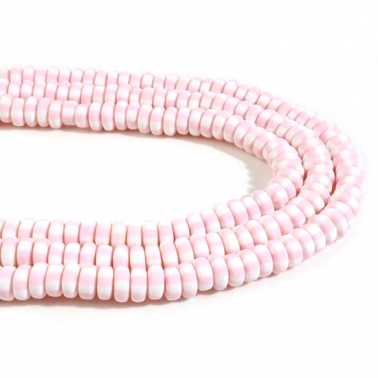 Picture of Polymer Clay Beads Flat Round Light Pink Stripe Pattern About 8mm Dia-7mm Dia. Dia, Hole: Approx 1.5mm, 39.5cm(15 4/8") long, 2 Strands (Approx 110 PCs/Strand)