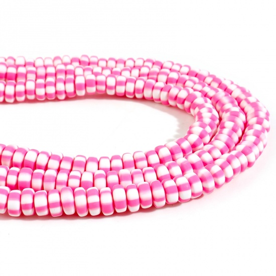 Picture of Polymer Clay Beads Flat Round Fuchsia Stripe Pattern About 8mm Dia-7mm Dia. Dia, Hole: Approx 1.5mm, 39.5cm(15 4/8") long, 2 Strands (Approx 110 PCs/Strand)