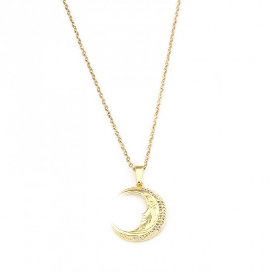 Image de Stainless Steel & Copper Galaxy Link Cable Chain Necklace Gold Plated Half Moon Moon Face With Lobster Claw Clasp And Extender Chain Clear Cubic Zirconia 45cm(17 6/8") long, 1 Piece
