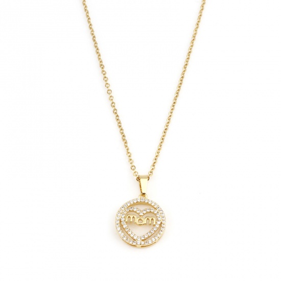 Immagine di Acciaio Inossidabile & Rame Gioielli di Famiglia Cavo Catena Collana Oro Placcato Tondo Cuore Messaggio " Mom " Micro Spianare Trasparente Cubic Zirconia 45cm Lunghezza, 1 Pz