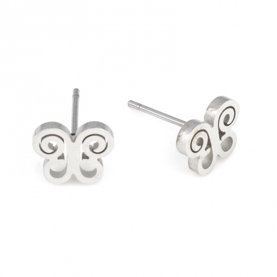Picture of Stainless Steel Religious Ear Post Stud Earrings Silver Tone Butterfly Animal Hollow 8.5mm x 7mm, Post/ Wire Size: (20 gauge), 6 Pairs