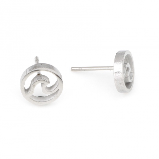 Bild von Edelstahl Ohrring Ohrstecker Silberfarbe Rund Welle Hohl 8mm D., Drahtstärke: (20 gauge), 6 Paare