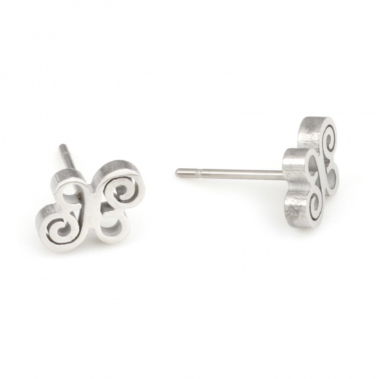 Picture of Stainless Steel Religious Ear Post Stud Earrings Silver Tone Spiral Celtic Knot Hollow 8.5mm x 7mm, Post/ Wire Size: (20 gauge), 6 Pairs