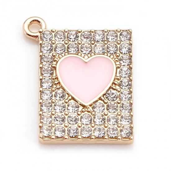Image de Zinc Based Alloy Valentine's Day Charms Rectangle Gold Plated Pink Heart Enamel Clear Rhinestone 20mm x 16mm, 5 PCs
