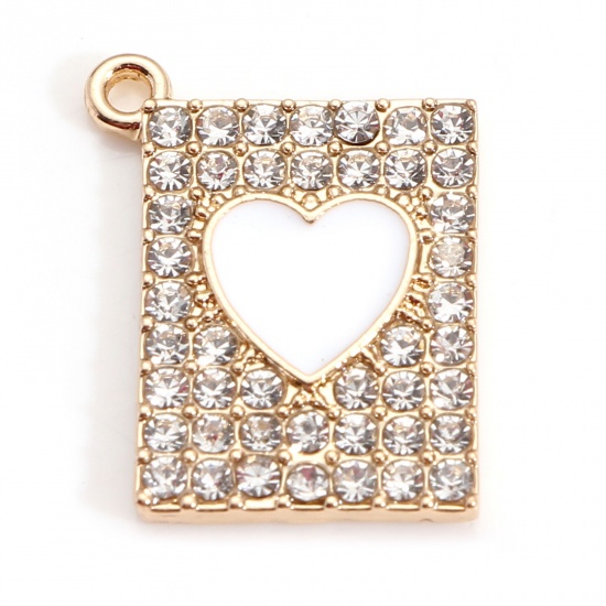Image de Zinc Based Alloy Valentine's Day Charms Rectangle Gold Plated White Heart Enamel Clear Rhinestone 20mm x 16mm, 5 PCs
