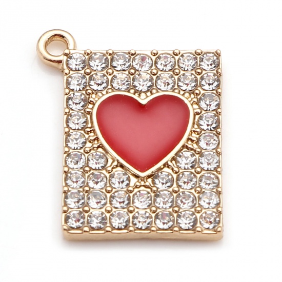 Image de Zinc Based Alloy Valentine's Day Charms Rectangle Gold Plated Red Heart Enamel Clear Rhinestone 20mm x 16mm, 5 PCs