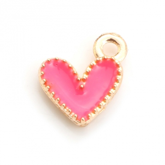 Picture of Zinc Based Alloy Valentine's Day Charms Heart Gold Plated Fuchsia Enamel 9mm x 8mm, 20 PCs