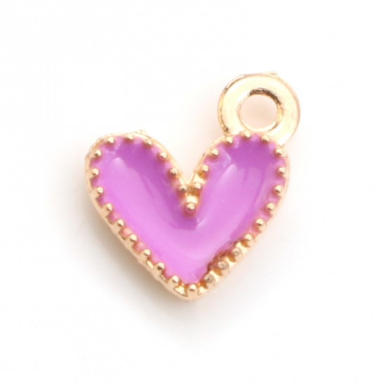 Picture of Zinc Based Alloy Valentine's Day Charms Heart Gold Plated Purple Enamel 9mm x 8mm, 20 PCs