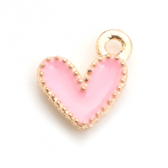 Picture of Zinc Based Alloy Valentine's Day Charms Heart Gold Plated Pink Enamel 9mm x 8mm, 20 PCs