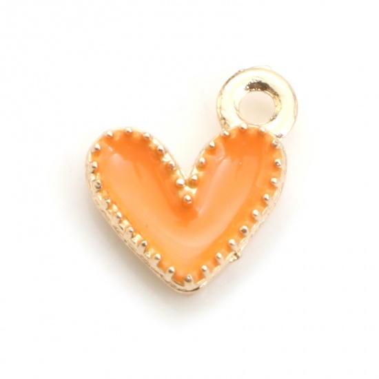 Picture of Zinc Based Alloy Valentine's Day Charms Heart Gold Plated Orange Enamel 9mm x 8mm, 20 PCs