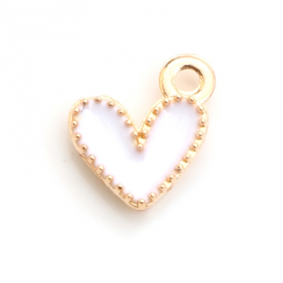 Zinc Based Alloy Valentine's Day Charms Heart Gold Plated White Enamel 9mm x 8mm, 20 PCs の画像
