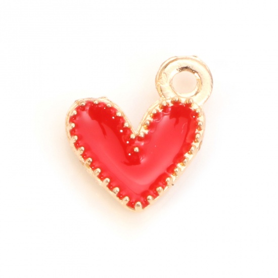 Picture of Zinc Based Alloy Valentine's Day Charms Heart Gold Plated Red Enamel 9mm x 8mm, 20 PCs