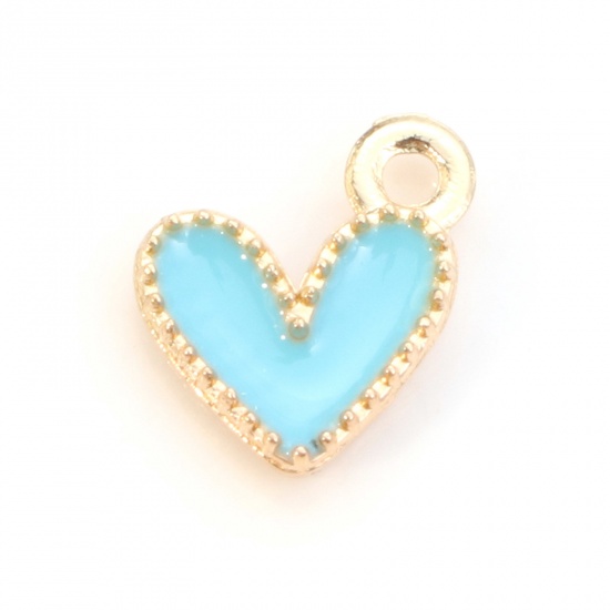 Picture of Zinc Based Alloy Valentine's Day Charms Heart Gold Plated Blue Enamel 9mm x 8mm, 20 PCs