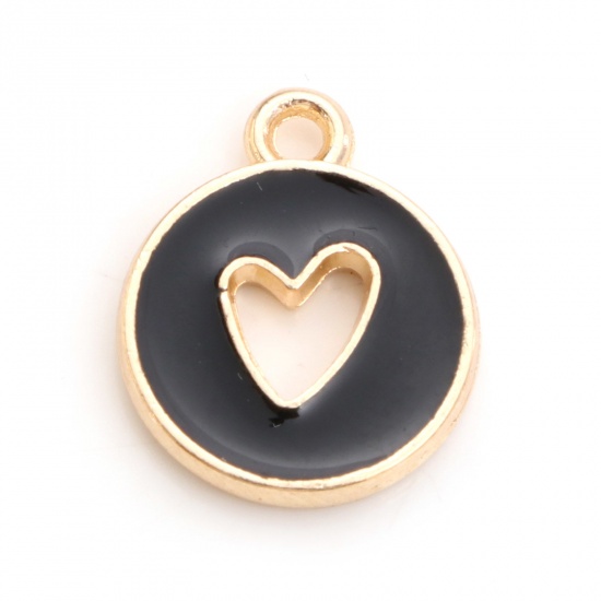 Picture of Zinc Based Alloy Valentine's Day Charms Round Gold Plated Black Heart Enamel 14mm x 12mm, 10 PCs
