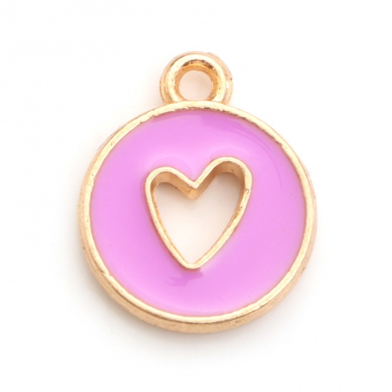 Picture of Zinc Based Alloy Valentine's Day Charms Round Gold Plated Purple Heart Enamel 14mm x 12mm, 10 PCs