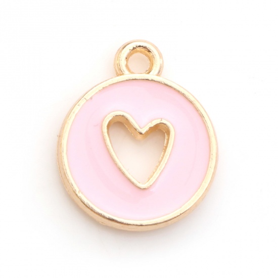 Picture of Zinc Based Alloy Valentine's Day Charms Round Gold Plated Light Pink Heart Enamel 14mm x 12mm, 10 PCs
