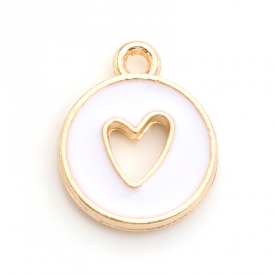 Picture of Zinc Based Alloy Valentine's Day Charms Round Gold Plated White Heart Enamel 14mm x 12mm, 10 PCs