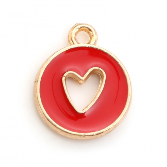Picture of Zinc Based Alloy Valentine's Day Charms Round Gold Plated Red Heart Enamel 14mm x 12mm, 10 PCs