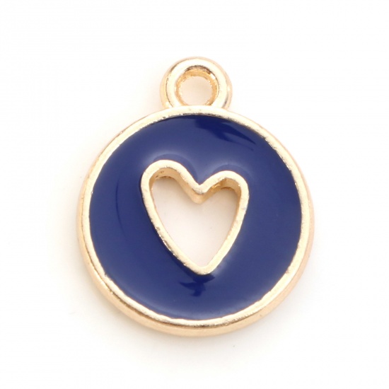 Picture of Zinc Based Alloy Valentine's Day Charms Round Gold Plated Royal Blue Heart Enamel 14mm x 12mm, 10 PCs