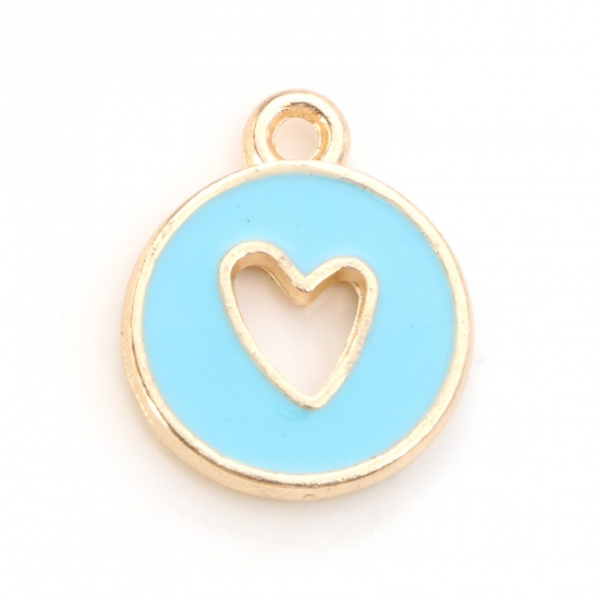 Picture of Zinc Based Alloy Valentine's Day Charms Round Gold Plated Blue Heart Enamel 14mm x 12mm, 10 PCs