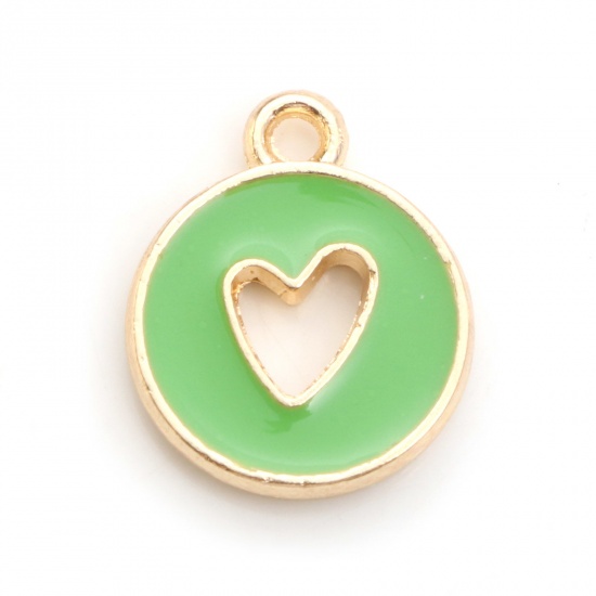 Picture of Zinc Based Alloy Valentine's Day Charms Round Gold Plated Grass Green Heart Enamel 14mm x 12mm, 10 PCs