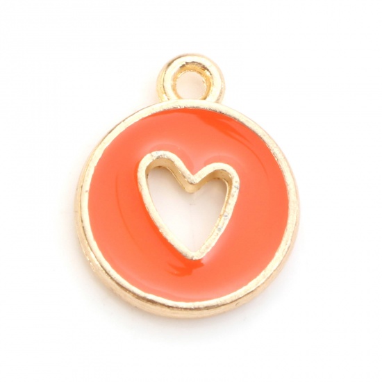 Picture of Zinc Based Alloy Valentine's Day Charms Round Gold Plated Orange Heart Enamel 14mm x 12mm, 10 PCs