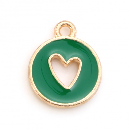 Picture of Zinc Based Alloy Valentine's Day Charms Round Gold Plated Green Heart Enamel 14mm x 12mm, 10 PCs