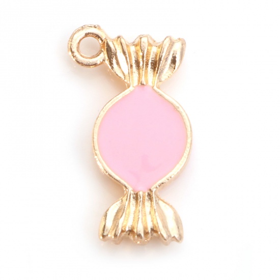 Picture of Zinc Based Alloy Charms Candy Gold Plated Pink Enamel 18mm x 10mm, 10 PCs