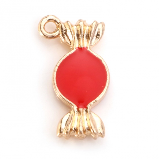 Image de Zinc Based Alloy Charms Candy Gold Plated Red Enamel 18mm x 10mm, 10 PCs