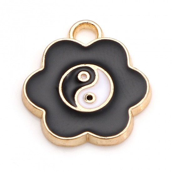 Image de Zinc Based Alloy Religious Charms Flower Leaves Gold Plated Black Yin Yang Symbol Enamel 16mm x 15mm, 10 PCs