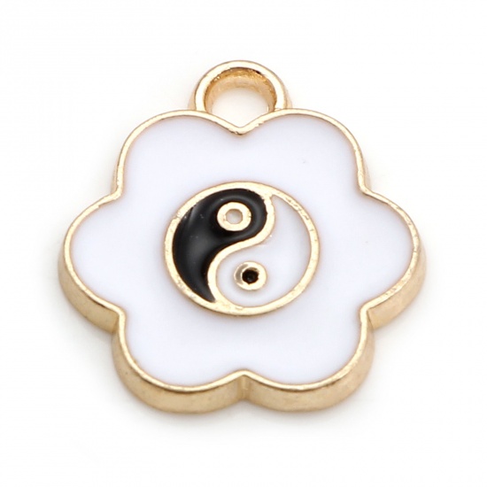 Image de Zinc Based Alloy Religious Charms Flower Leaves Gold Plated White Yin Yang Symbol Enamel 16mm x 15mm, 10 PCs