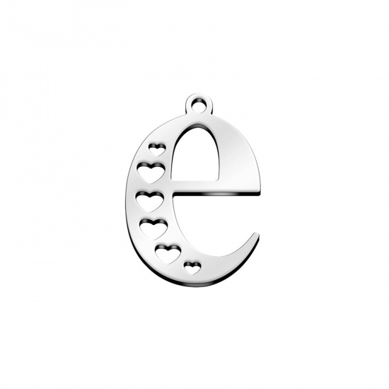 Picture of 304 Stainless Steel Charms Silver Tone Lowercase Letter Heart Message " E " Hollow 21mm x 15mm, 1 Piece