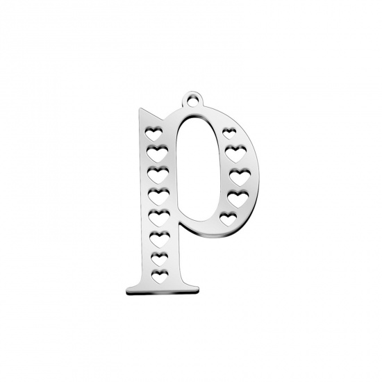 Picture of 304 Stainless Steel Charms Silver Tone Lowercase Letter Heart Message " P " Hollow 28mm x 19mm, 1 Piece