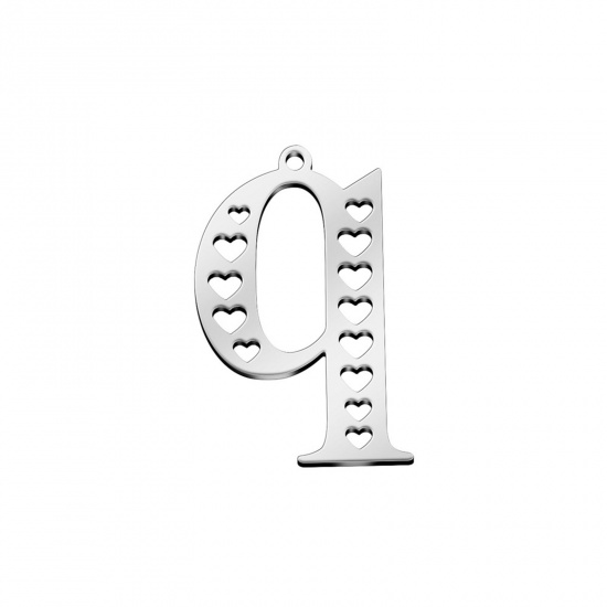 Picture of 304 Stainless Steel Charms Silver Tone Lowercase Letter Heart Message " Q " Hollow 29mm x 19mm, 1 Piece